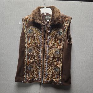 Brown Embroidered Vest with Fur Collar